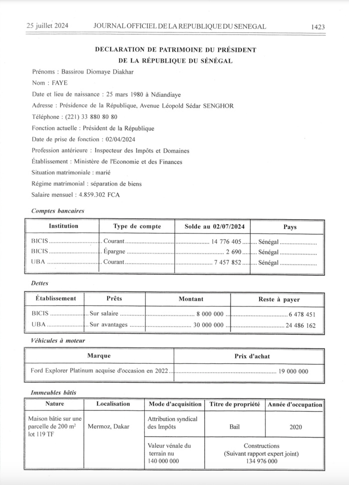 Journal Officiel: La déclaration de Patrimoine du Président BDF  rendue publique