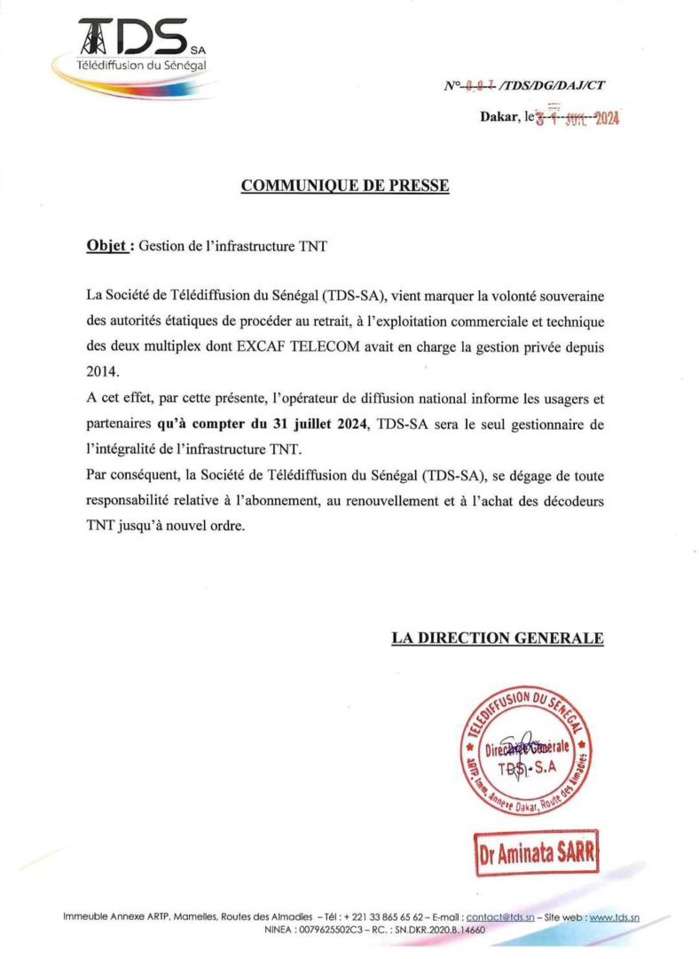 Gestion de la TNT : La TDS.Sa retire à Excaf Telecom l'exploitation commerciale