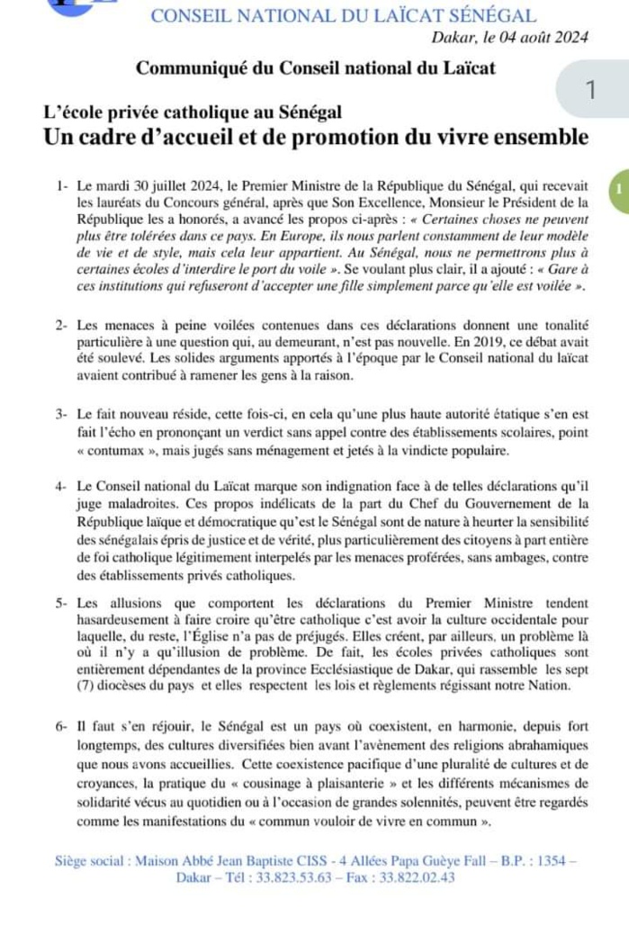 Déclarations du PM sur le port du voile: le Conseil National du Laïcat s’indigne et invite au respect du règlement intérieur des établissements privés catholiques