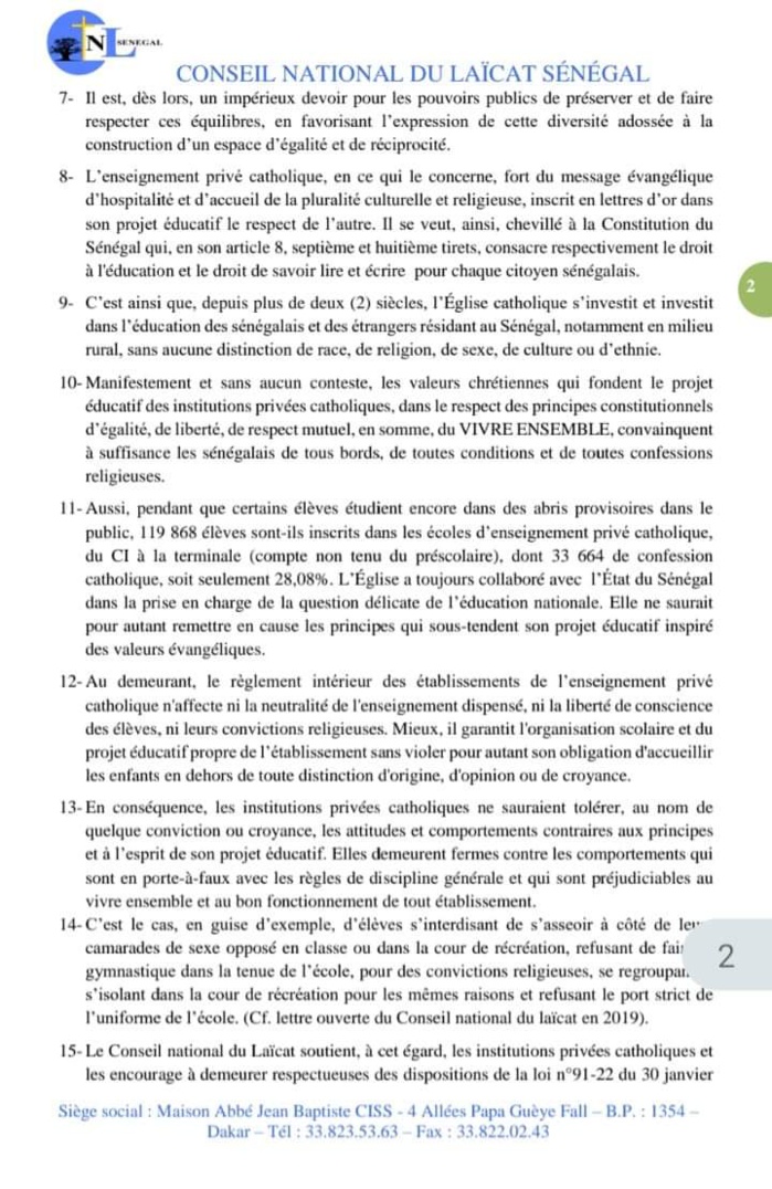 Déclarations du PM sur le port du voile: le Conseil National du Laïcat s’indigne et invite au respect du règlement intérieur des établissements privés catholiques