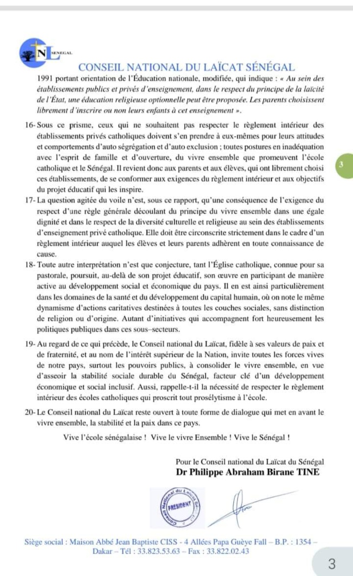 Déclarations du PM sur le port du voile: le Conseil National du Laïcat s’indigne et invite au respect du règlement intérieur des établissements privés catholiques