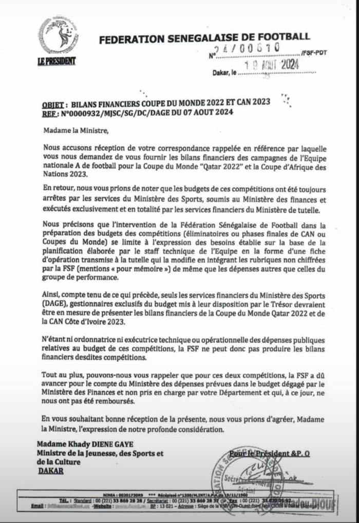 Tension entre la FSF et le ministère des Sports : La réponse salée d’Augustin Senghor à Khady Diène Gaye