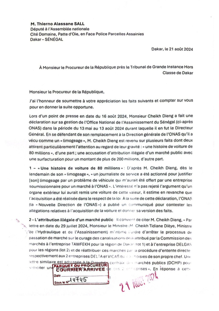 Affaire ONAS: la plainte de TAS sur la table du procureur de la République