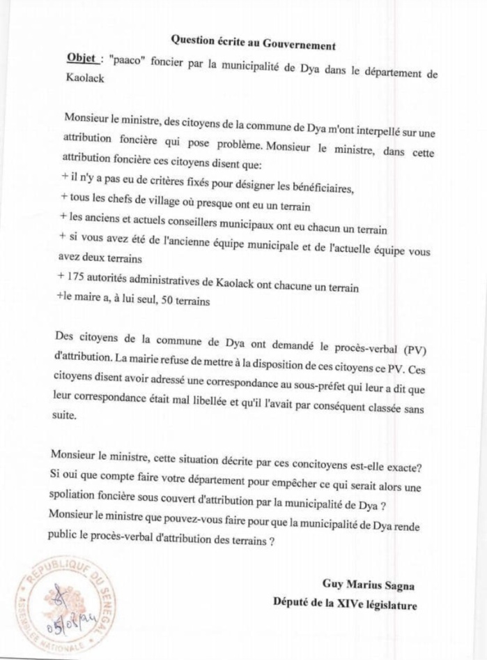 Scandale à Dya/ Attribution foncière contestée: Guy Marius Sagna interpelle le Gouvernement