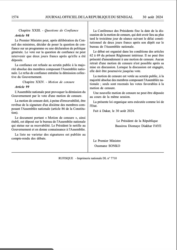 AN/ Publication du règlement intérieur au JO: La balle est dans le camp de Ousmane Sonko