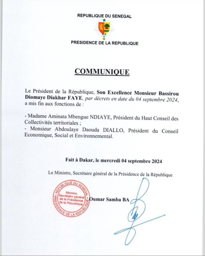 HCCT et CESE: Le président Bassirou Diomaye Faye limoge Abdoulaye Daouda Diallo et Aminata Mbengue Ndiaye (Document)