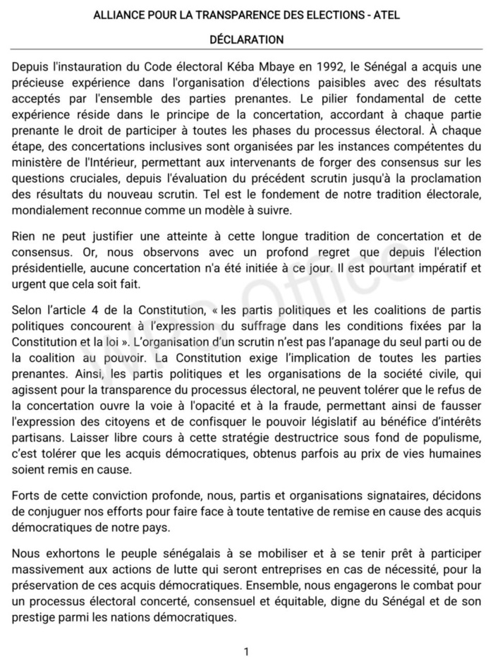 Pour un processus électoral concerté et équitable : L'Alliance pour la Transparence des élections met en garde le pouvoir en place contre toute démarche solitaire.