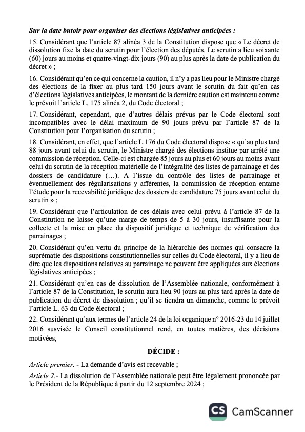 Voici l’intégralité de l’avis du CC suite à une saisine du PR Diomaye Faye sur les points suivants : La date de dissolution légale de l’AN et la date butoir pour organiser des législatives anticipées ?