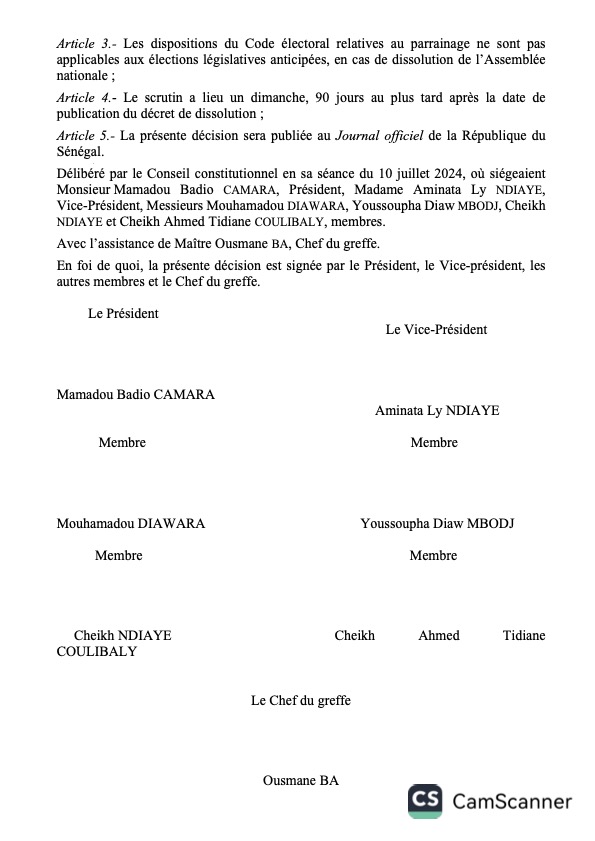 Voici l’intégralité de l’avis du CC suite à une saisine du PR Diomaye Faye sur les points suivants : La date de dissolution légale de l’AN et la date butoir pour organiser des législatives anticipées ?