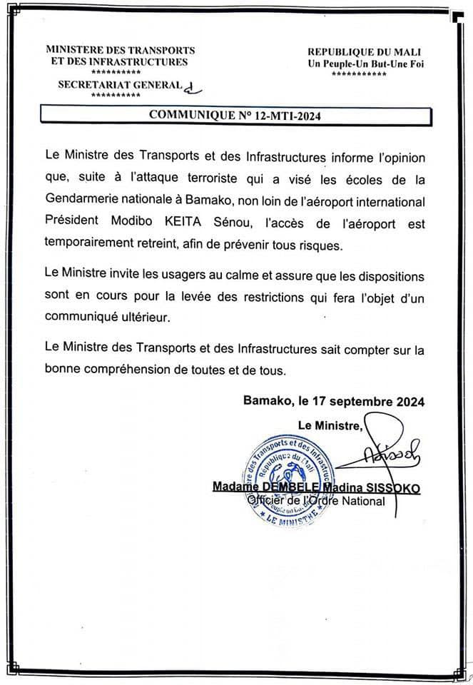 Attaque à Bamako : l'accès à l'aéroport Modibo Keita restreint (ministre des Transports)