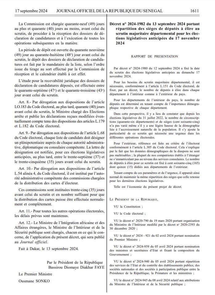 Législatives anticipées 2024 : Le président de la République publie le décret convoquant le corps électoral le 17 novembre prochain.