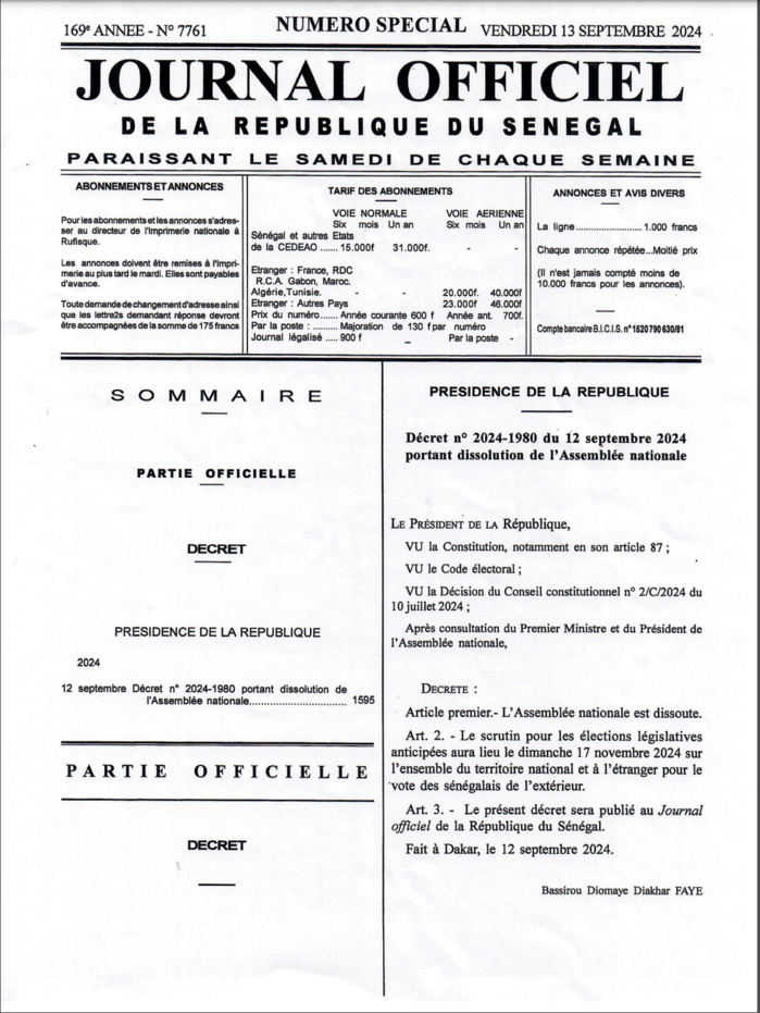 Dissolution de l'Assemblée Nationale : le décret signé par le PR BDF est rendu public…