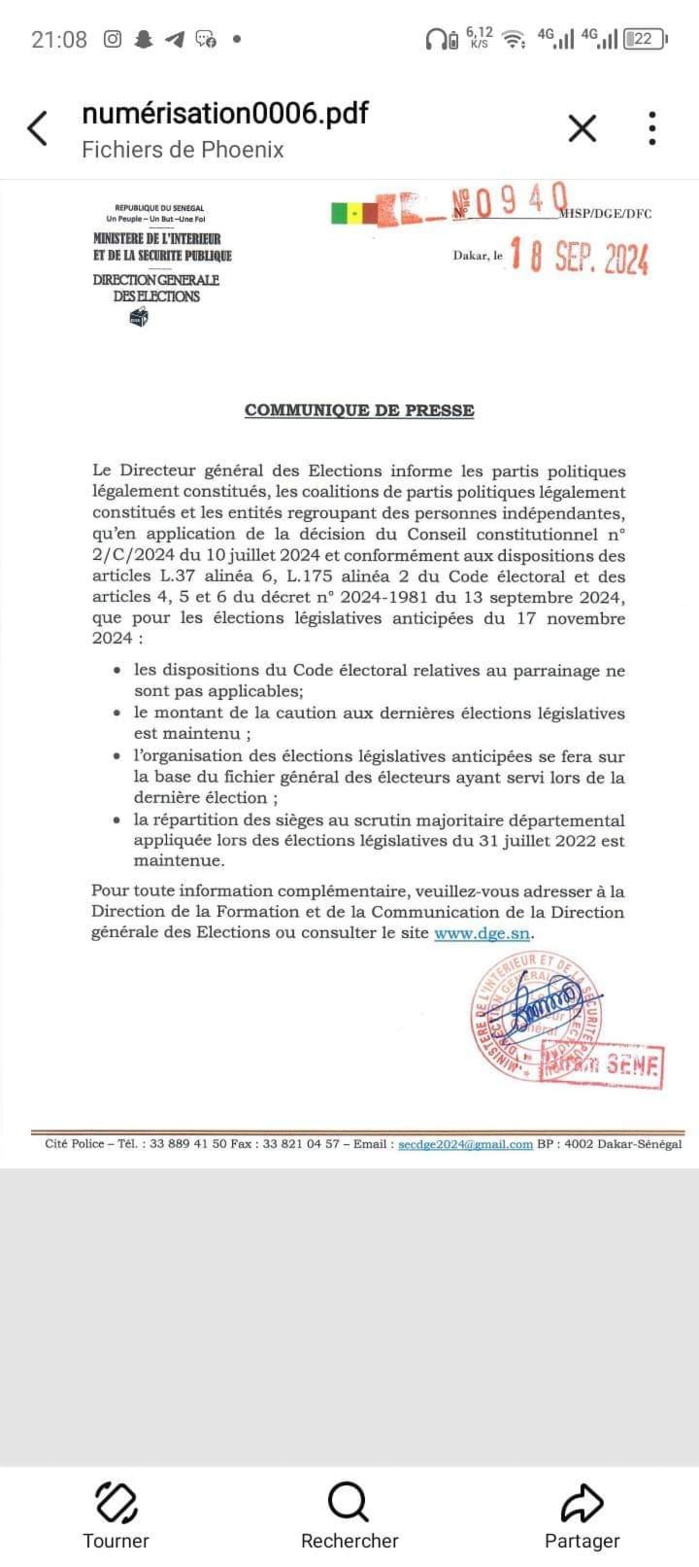 Scrutin législatif du 17 novembre : Les dispositions retenues, rappelées par la DGE aux partis et coalitions 