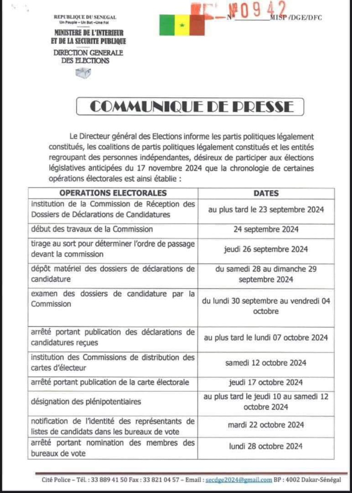 Sénégal-élections législatives anticipées du 17 novembre 2024 : voici la chronologie de certaines opérations électorales selon la DGE.