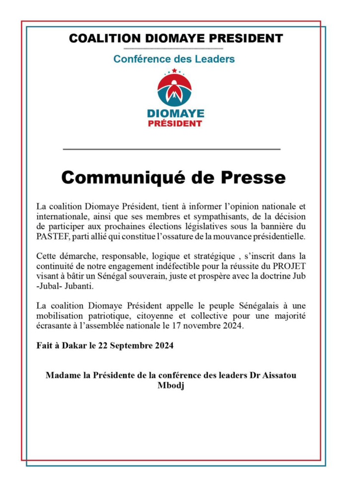 Législatives anticipées : Aïda Mbodj et ses camarades optent pour le « Coalition Diomaye moy Pastef »