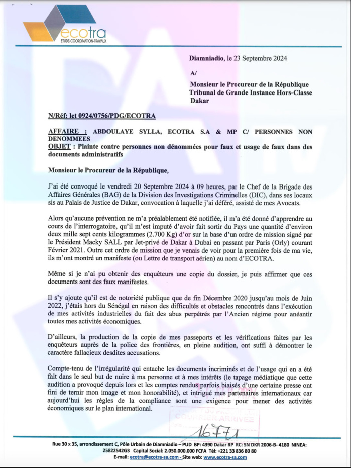 PLAINTE SUR LA TABLE DU PROCUREUR - Abdoulaye Sylla dénonce « l'irrégularité qui entache les documents qui l’incriminent » et qui écornent sa notoriété