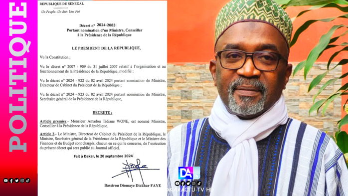 L'ancien ministre Amadou Tidiane Wone nommé ministre, conseiller à la présidence.