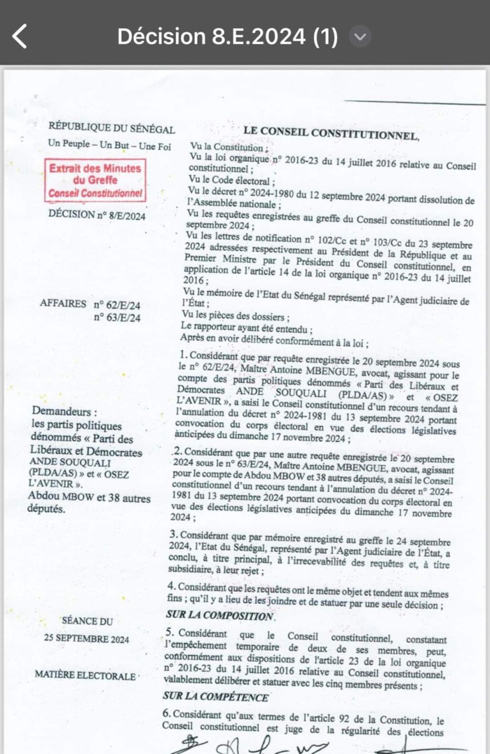 [DÉCISION] Saisine pour annulation du décret convoquant le collège électoral : le Conseil constitutionnel déboute l’opposition