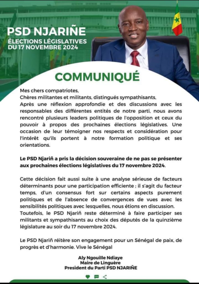 Législatives du 17 novembre 2024: le PSD Njarin de Aly Ngouille Ndiaye pas partant !