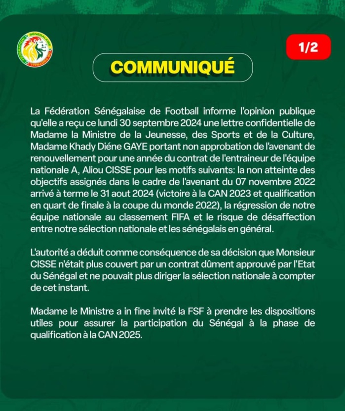 Refus du ministre des Sports de prolonger son contrat d’une année : la FSF entérine le départ d’Aliou Cissé à la tête de l’équipe nationale du Sénégal .