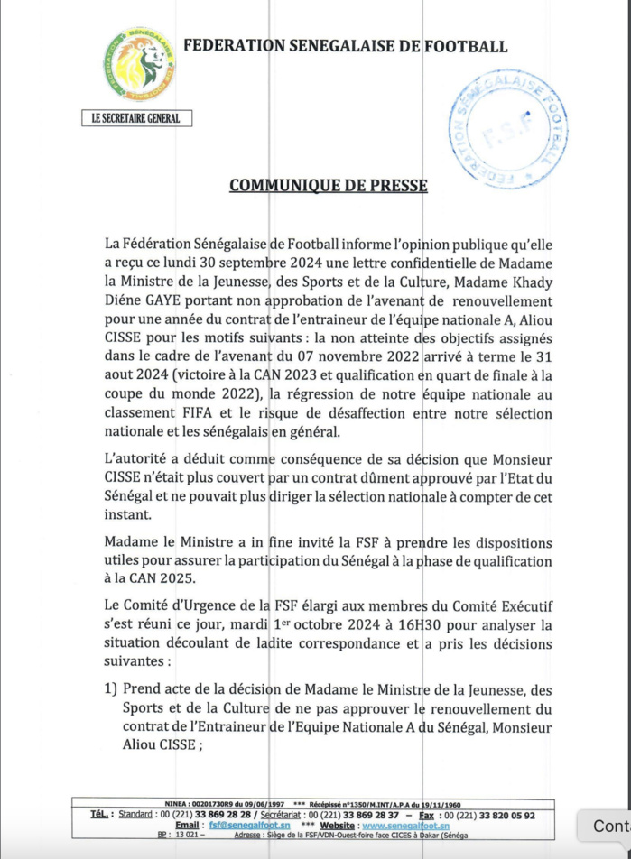 Football / Limogeage du sélectionneur national : La FSF remercie Aliou Cissé et lui souhaite plein succès...