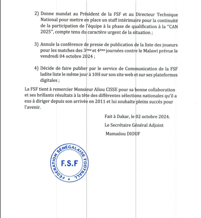 Football / Limogeage du sélectionneur national : La FSF remercie Aliou Cissé et lui souhaite plein succès...