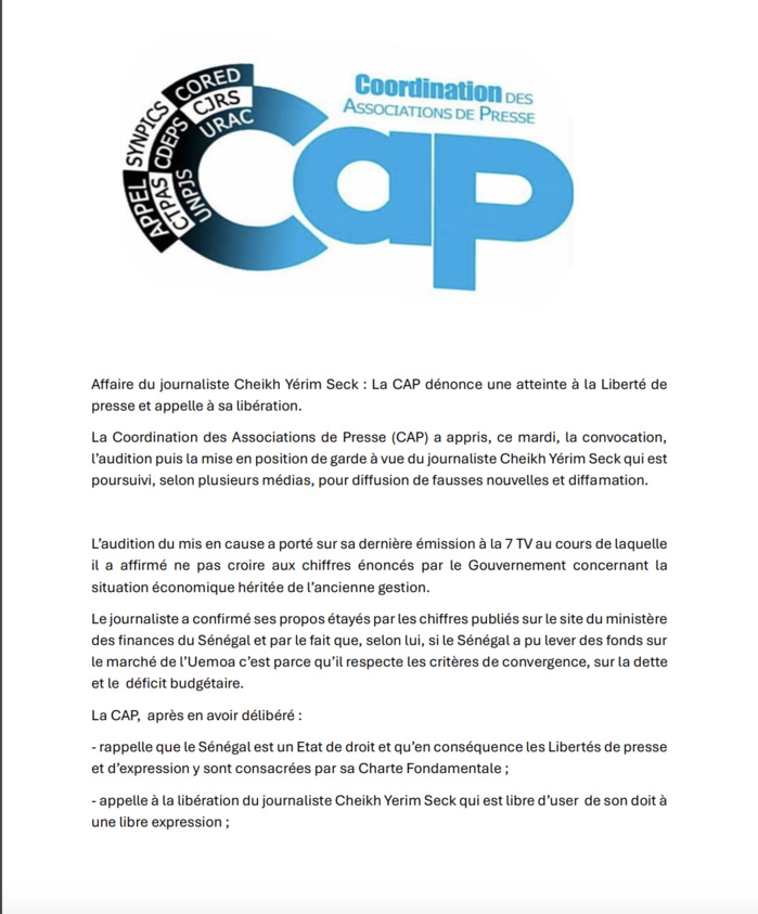 Placement en garde à vue de Cheikh Yérim Seck : la CAP dénonce une atteinte à la liberté de presse et demande sa libération.