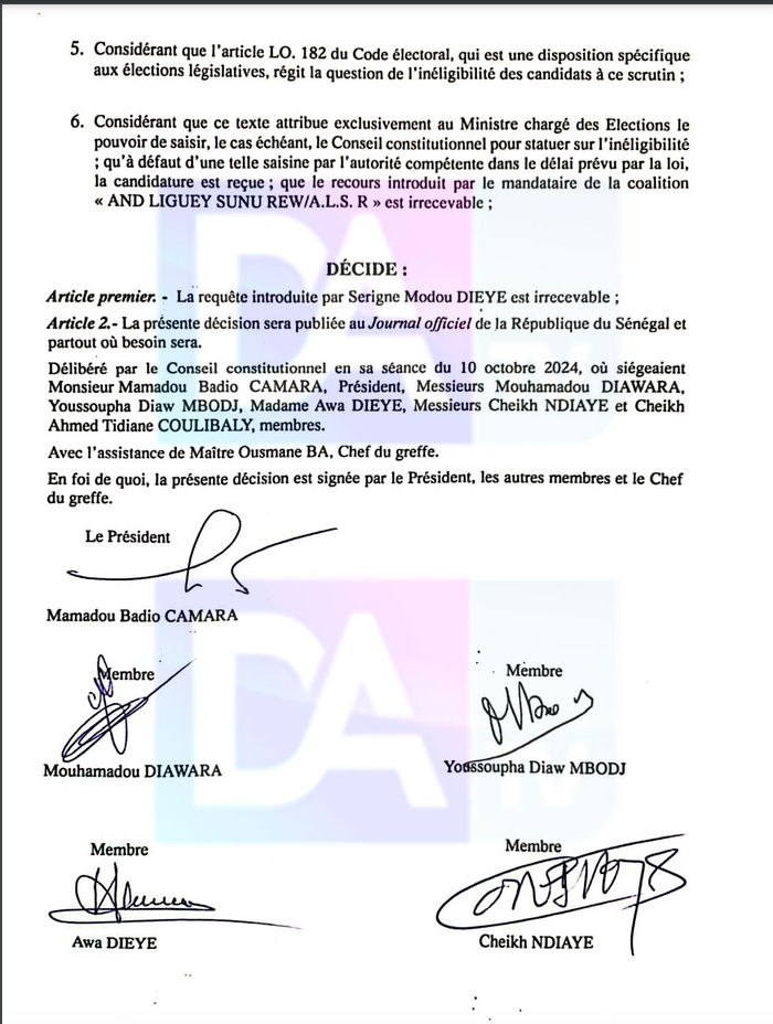 Candidature de Barthélémy Dias : pourquoi le Conseil constitutionnel a rejeté le recours contre la tête de liste de Sam Sa Kaddu (Document)