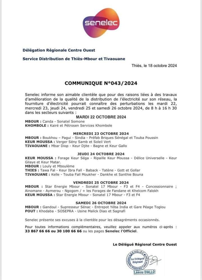 La Senelec annonce des interruptions temporaires de la fourniture d’électricité dans certaines localités du Sénégal,à partir du mardi