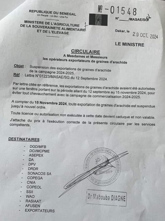 Sénégal – Campagne arachidière 2024-2025 : l’exportation de graines suspendue jusqu’à nouvel ordre (ministère de l’agriculture)  