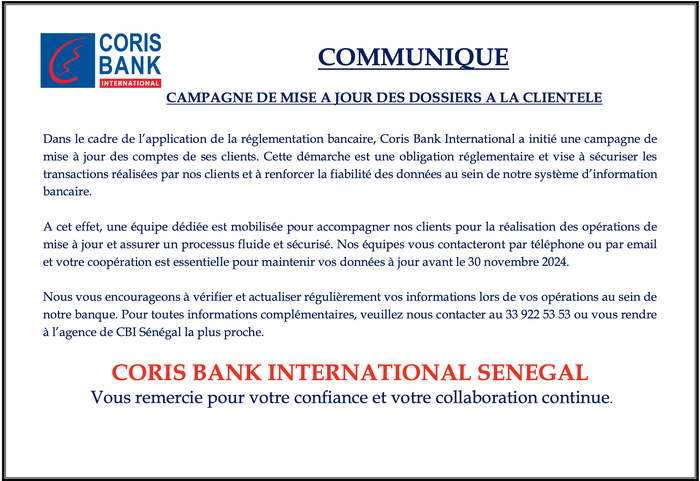 Réglementation bancaire : Coris Bank informe ses clients d’une mise à jour de leurs comptes avant le 30 novembre prochain