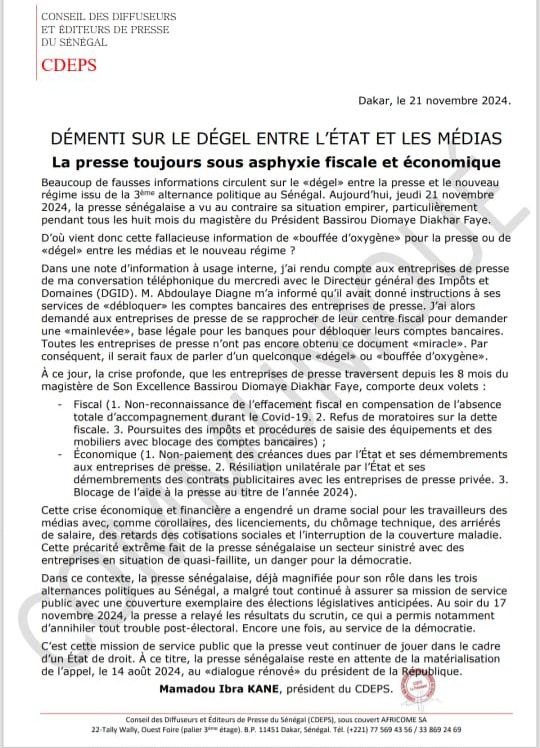 Éffectivité du déblocage des comptes bancaires - Mamadou Ibra Kane du CDEPS apporte un démenti : "La presse toujours sous asphyxie fiscale et économique".