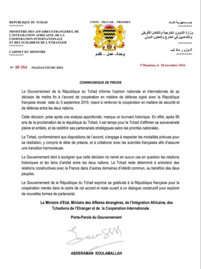 Le Tchad rompt ses accords de coopération de défense avec la France (ministère des Affaires étrangères tchadien)