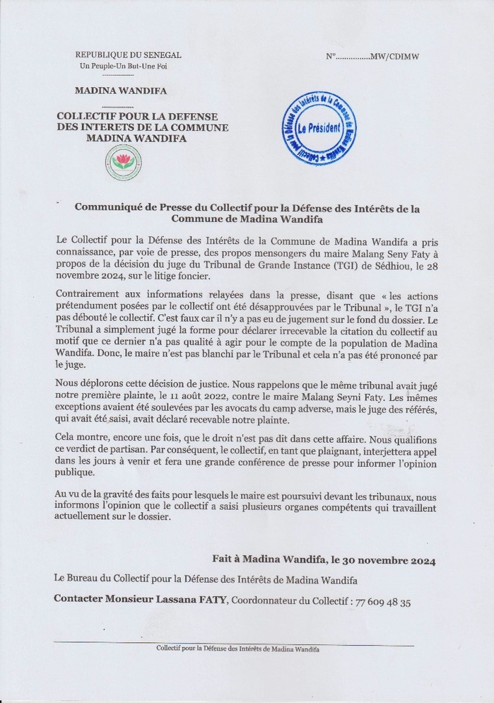 Medina Wandifa (Sédhiou) : Le collectif pour la défense des intérêts de la commune va interjeter appel sur la décision rendue par le TGI…