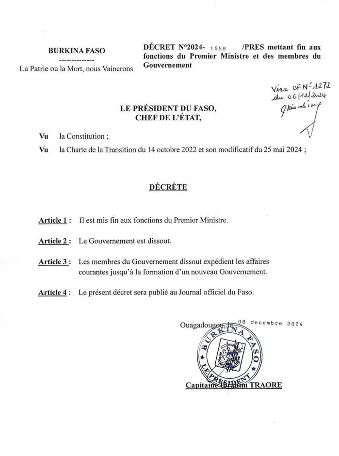 Burkina Faso : le capitaine Ibrahim Traoré met fin aux fonctions du Premier ministre et des membres du gouvernement