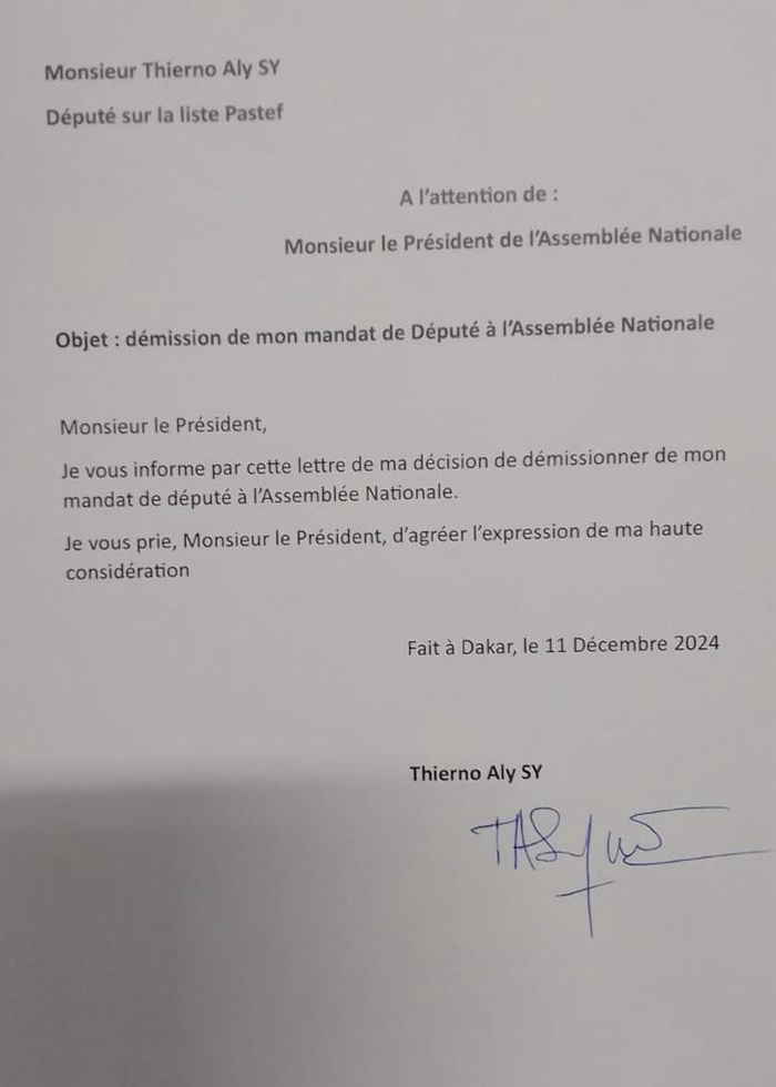 Assemblée Nationale : Thierno Aly Sy, suppléant d’Abass Fall, démissionne de son poste de député.