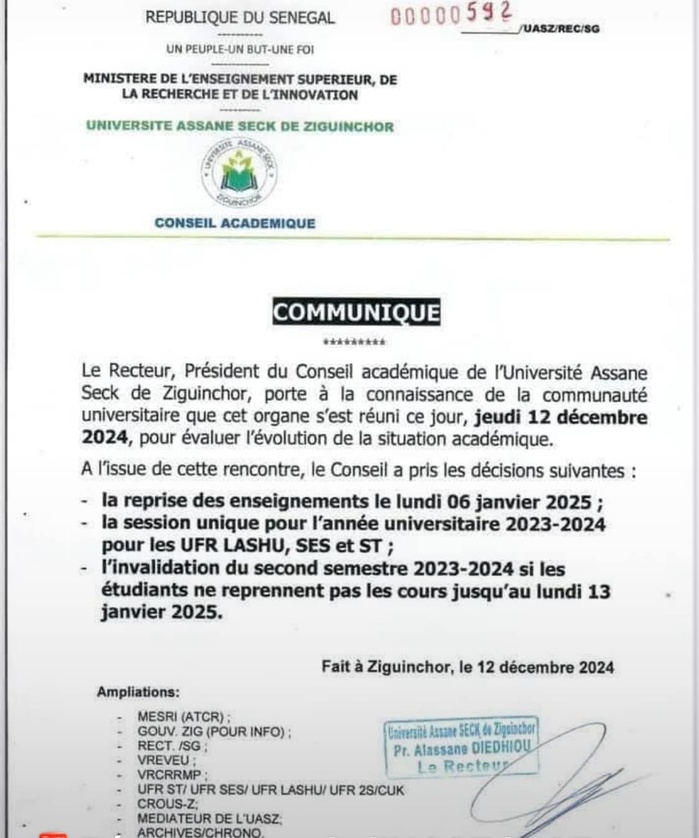 UASZ: le Conseil Académique annonce la reprise des cours le 6 janvier 2025 et fixe un ultimatum pour sauver l’année académique