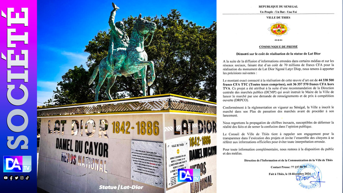 70 millions pour la réalisation de la statue de Lat Dior Diop: la ville de Thiès dément et annonce un montant de 44.338.500 Fcfa TTC