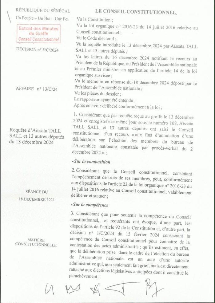 Annulation d’une délibération du bureau de l’AN: le Conseil se déclare incompétent face à la requête d’Aïssata Tall Sall et Cie