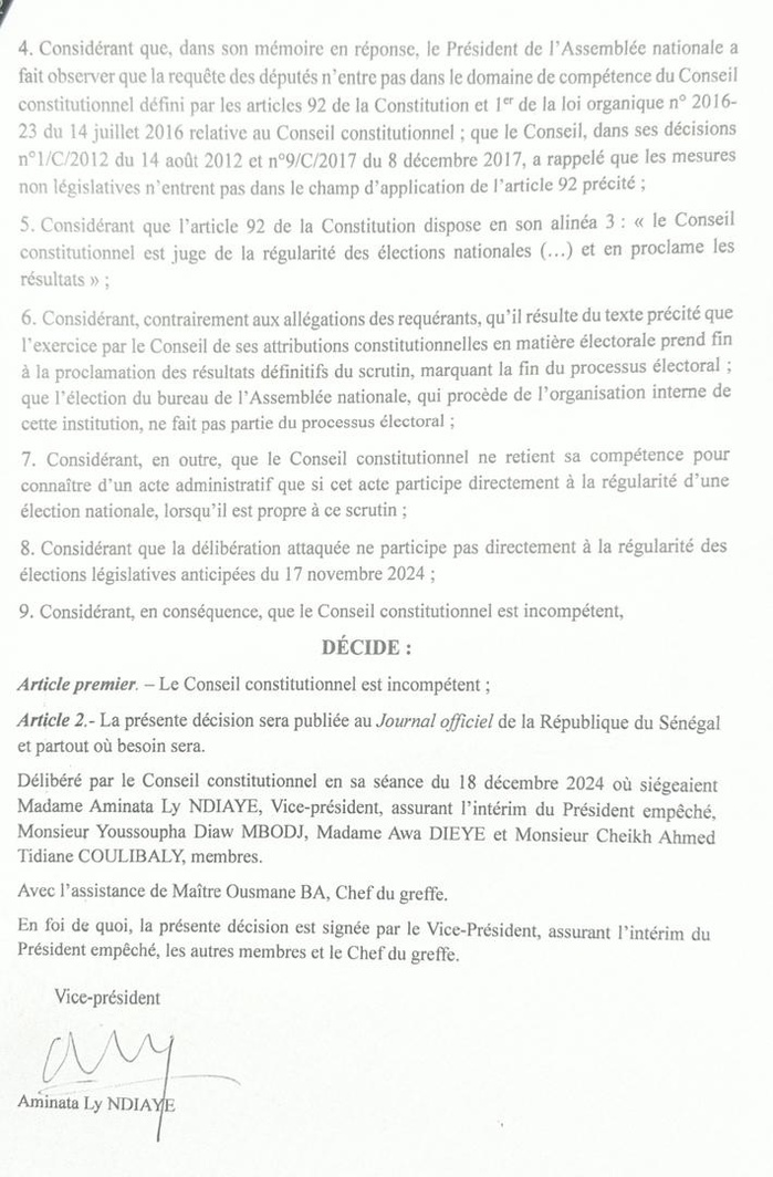 Annulation d’une délibération du bureau de l’AN: le Conseil se déclare incompétent face à la requête d’Aïssata Tall Sall et Cie