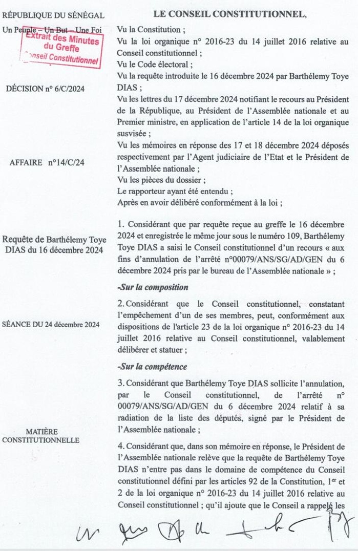 Requête de Barthélemy Dias: le Conseil constitutionnel se déclare incompétent