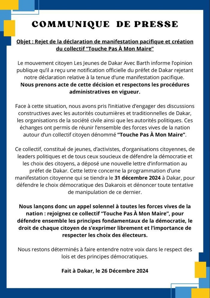 Rejet de sa déclaration de manifestation pacifique prévue ce vendredi 27 décembre: Le mouvement citoyen Les jeunes de Dakar avec Barth lance le collectif " Touche pas à mon maire".