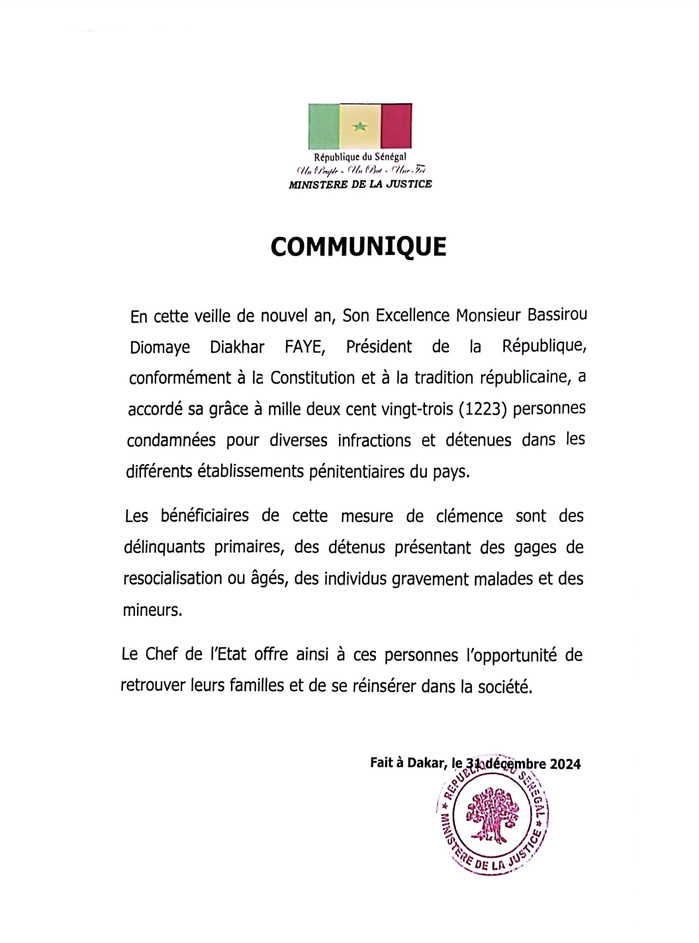 Nouvel An : 1 223 détenus graciés par le Président Bassirou Diomaye Faye