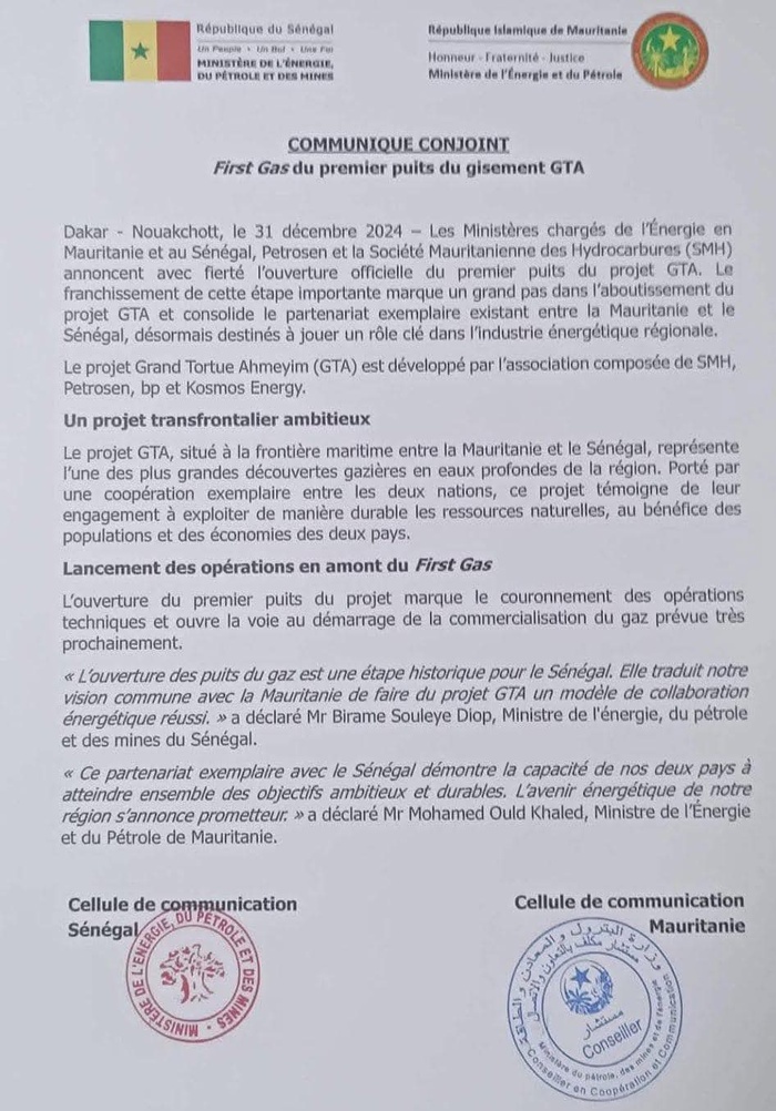 Frontière maritime entre la Mauritanie et le Sénégal : Ouverture officielle du premier puits du gisement grand Tortue Ahmeyim GTA (Communiqué).