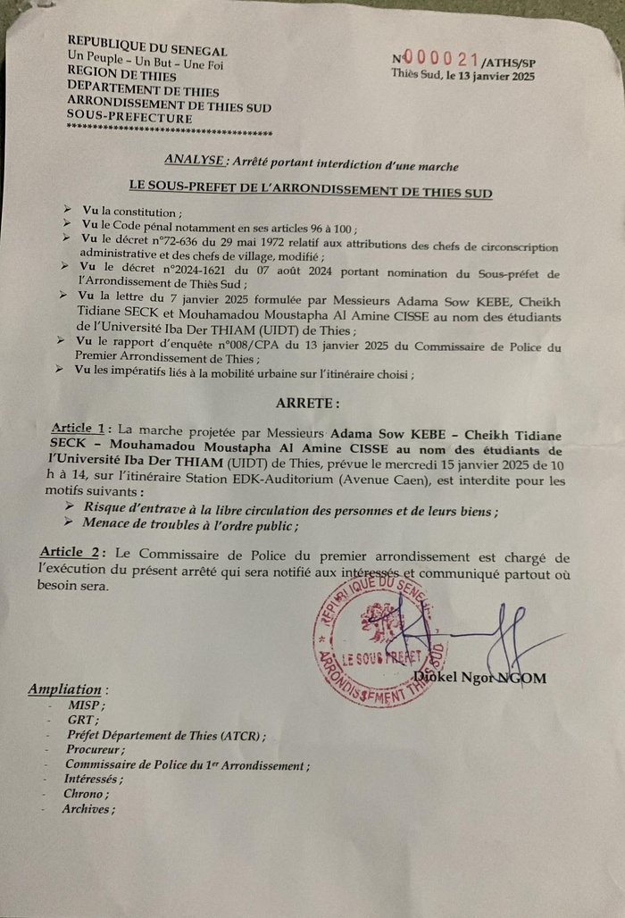 Thiès: interdiction de la marche pacifique des étudiants de l'université Iba Der Thiam de Thiès, prévue ce mercredi 15 janvier 2025.