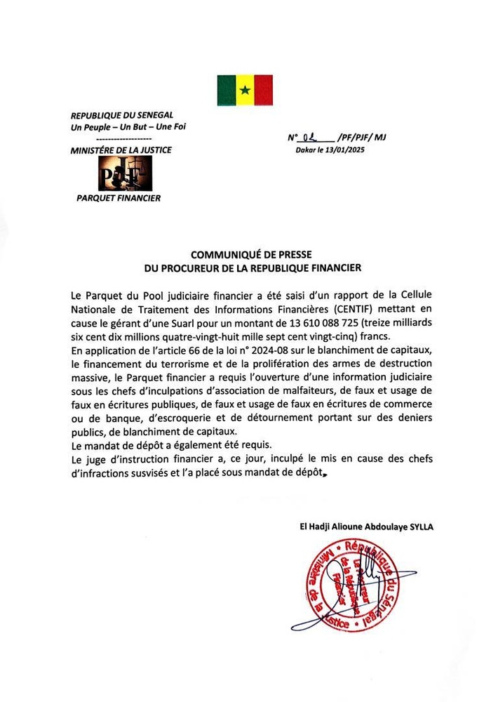 Blanchiment de capitaux sur plus de 13 milliards de francs : Le PJF place sous mandat de dépôt un gérant d’une Suarl