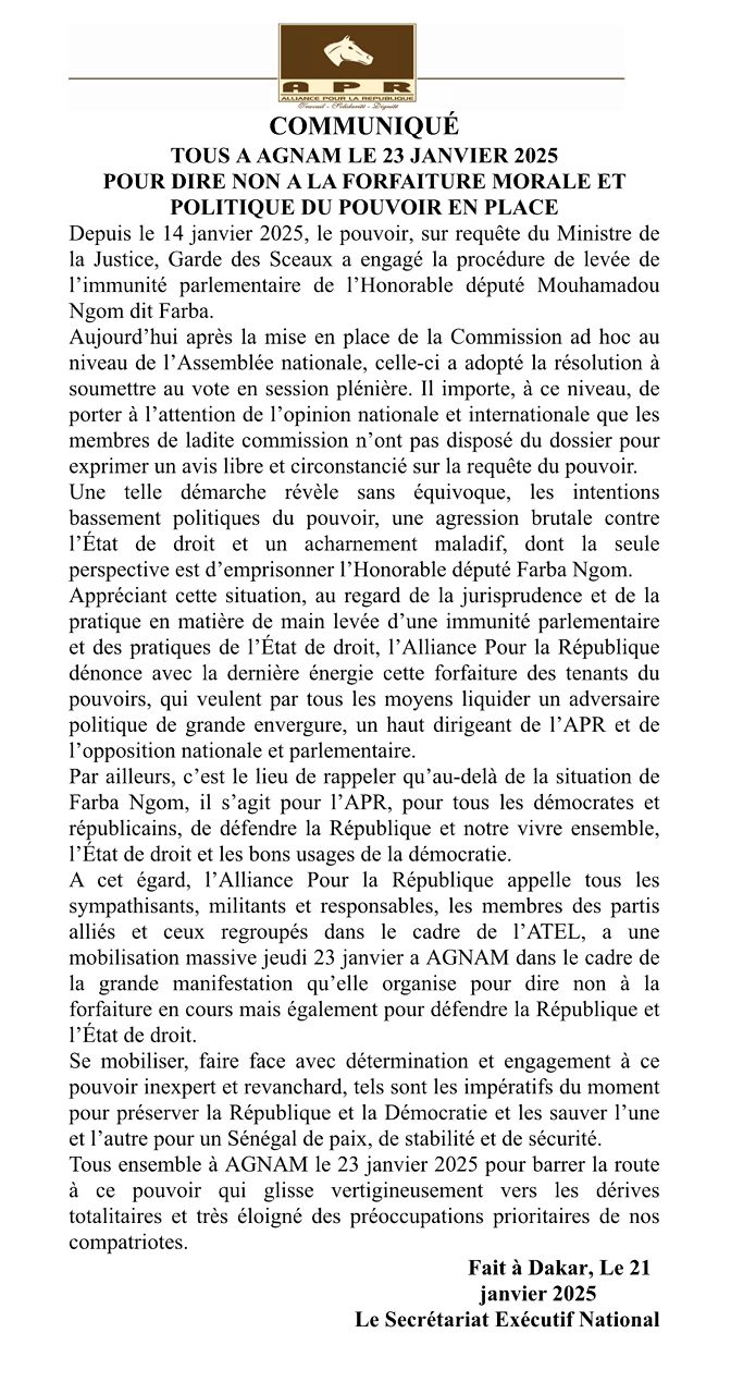 L’APR monte au créneau : mobilisation annoncée à Agnam contre la levée de l’immunité parlementaire de Farba Ngom