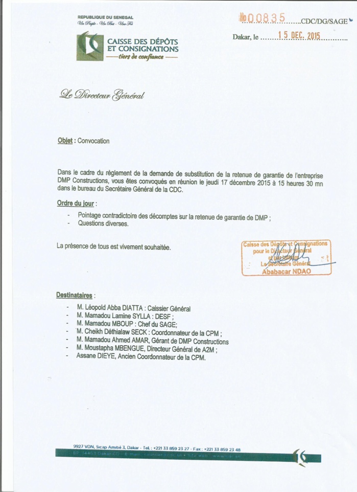 Érection du Siège de la Caisse des Dépôts et Consignations par DPM Constructions : Toute la vérité sur la brouille de 145 millions F Cfa entre le Dg Thierno Niane et le Dg Moustapha Ahmet Amar (Documents)