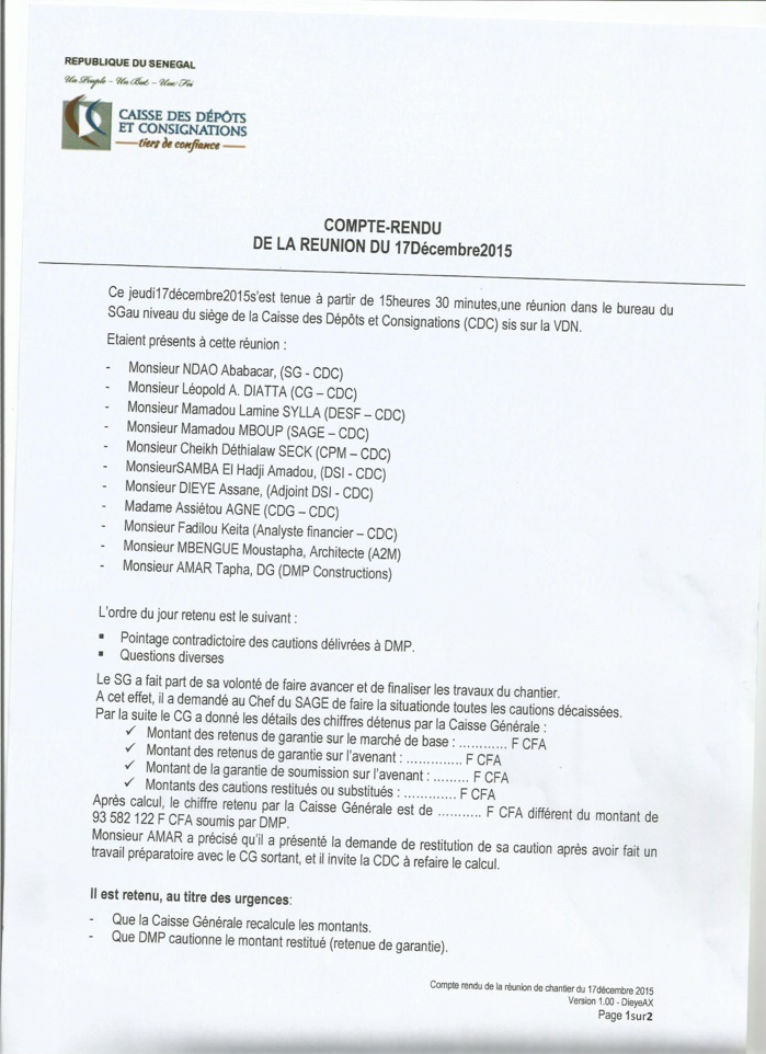 Érection du Siège de la Caisse des Dépôts et Consignations par DPM Constructions : Toute la vérité sur la brouille de 145 millions F Cfa entre le Dg Thierno Niane et le Dg Moustapha Ahmet Amar (Documents)