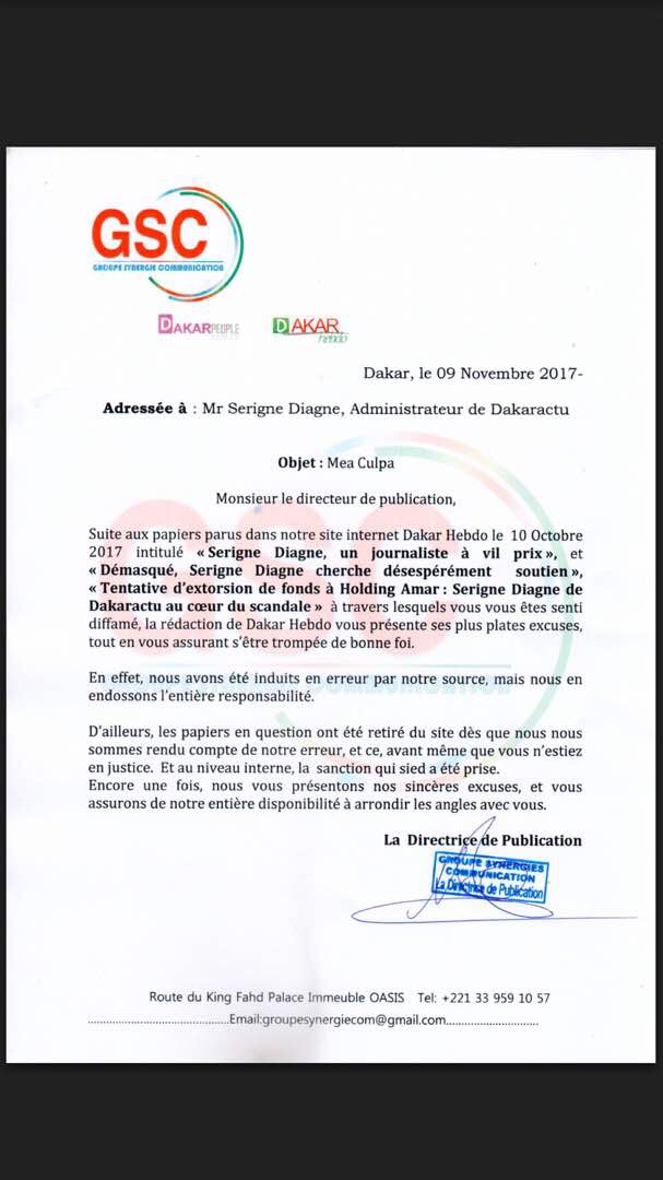 Le site d'informations Dakarhebdo de Cheikh Amar présente ses excuses à Serigne Diagne de Dakaractu (DOCUMENT)